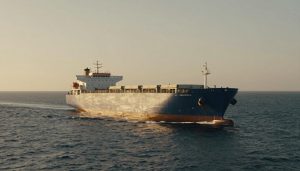 cargo naviguant sur l'océan dans une lumière naturelle chaleureuse