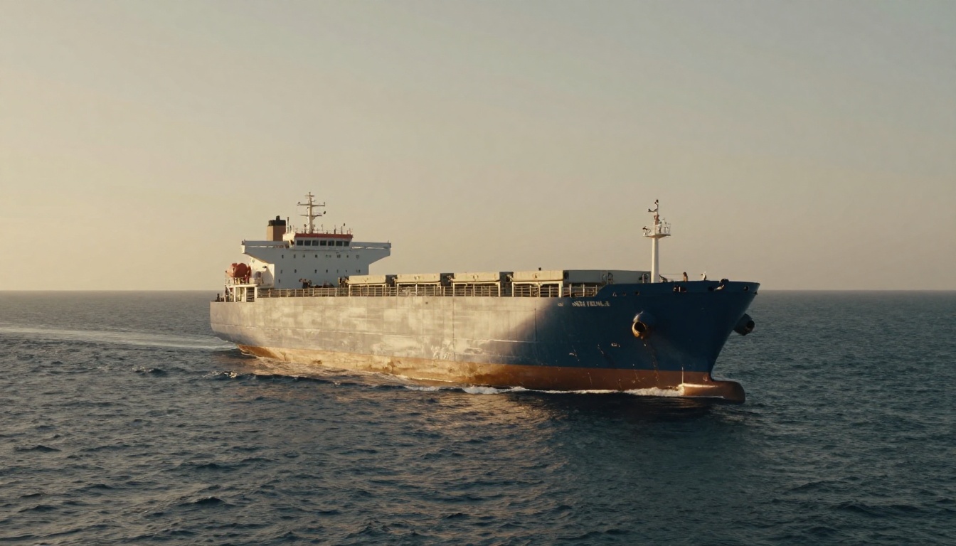 cargo naviguant sur l'océan dans une lumière naturelle chaleureuse