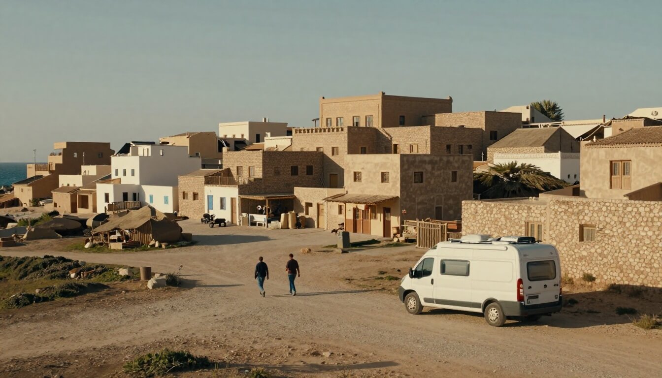 camping-car sécurisé dans un village marocain au coucher du soleil