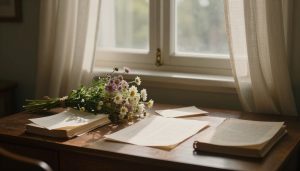 bureau ancien avec livres de poésie et bouquet de fleurs