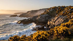 falaise bretonne avec ajoncs jaunes et vagues déferlantes