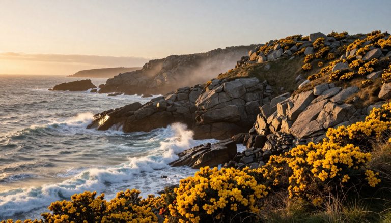 falaise bretonne avec ajoncs jaunes et vagues déferlantes