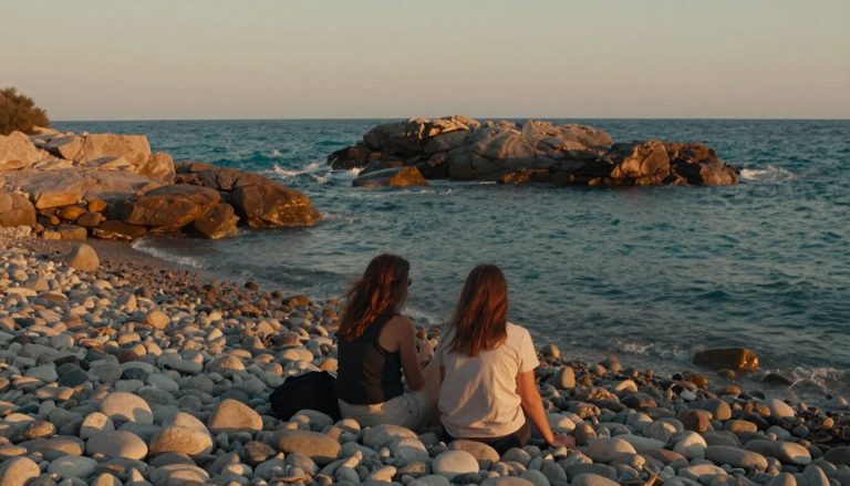 couple assis sur plage corse au coucher du soleil
