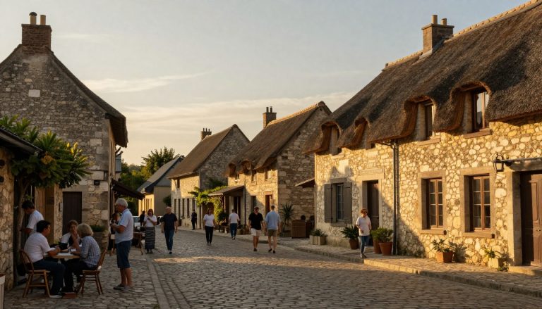 place de village français avec habitants échangeant en lumière naturelle