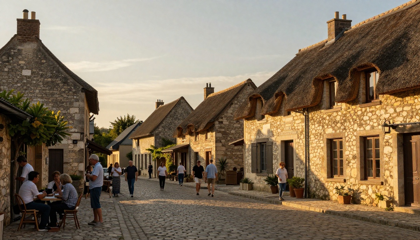 place de village français avec habitants échangeant en lumière naturelle