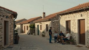 habitants d'un village corse discutant dans la rue en fin d'après-midi