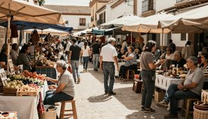 marché espagnol animé avec des habitants en conversation