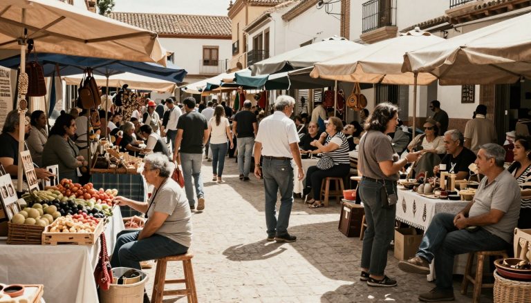 marché espagnol animé avec des habitants en conversation