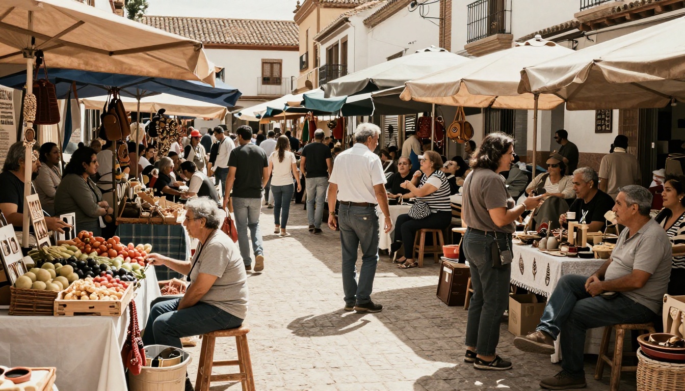 marché espagnol animé avec des habitants en conversation