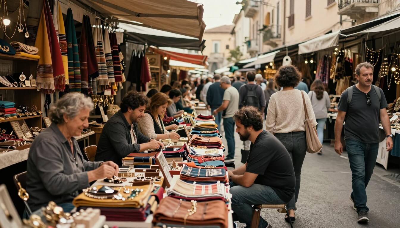 marché plein air de San Remo avec textiles et artisans en négociation