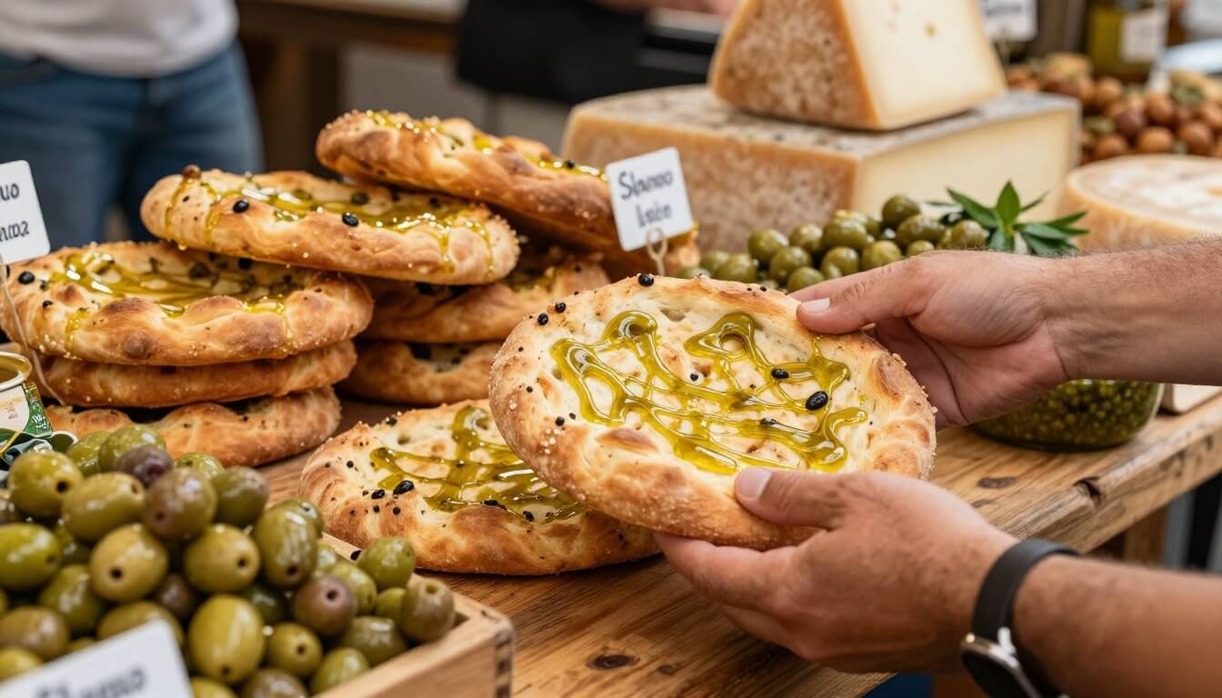 focaccia chaude et olives Taggiasca au marché couvert de San Remo
