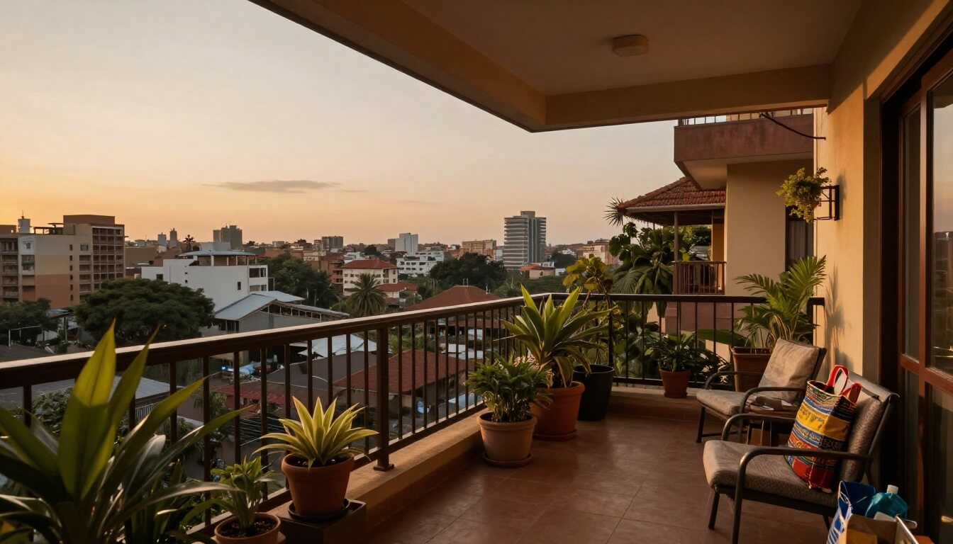 balcon d'appartement d'expatrié avec vue sur la ville d'Antananarivo au coucher du soleil