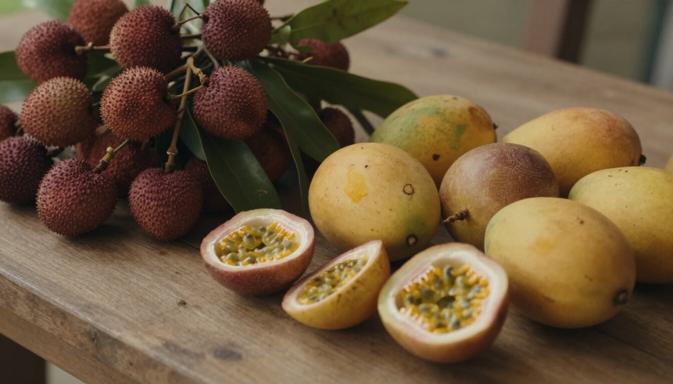 fruits tropicaux frais de saison sur une table en bois