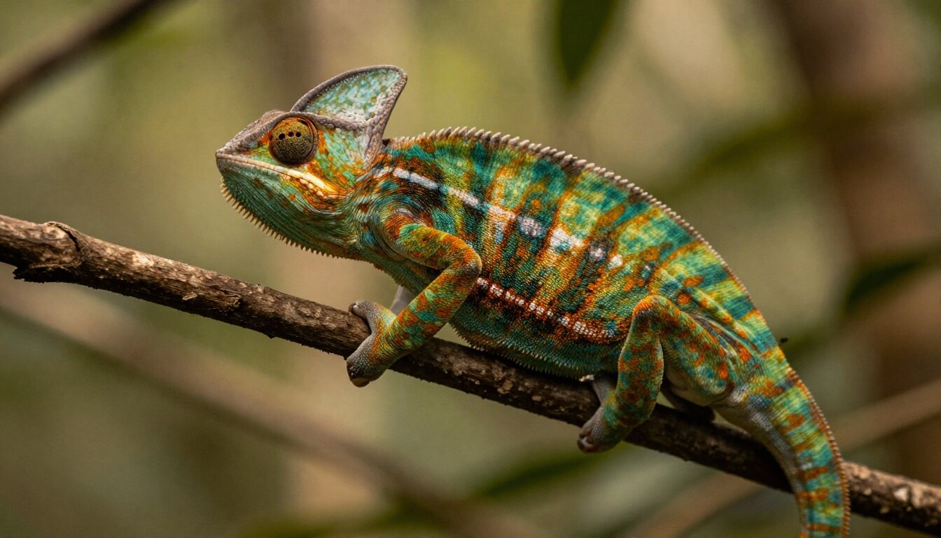 caméléon panthère coloré accroché à une branche en forêt