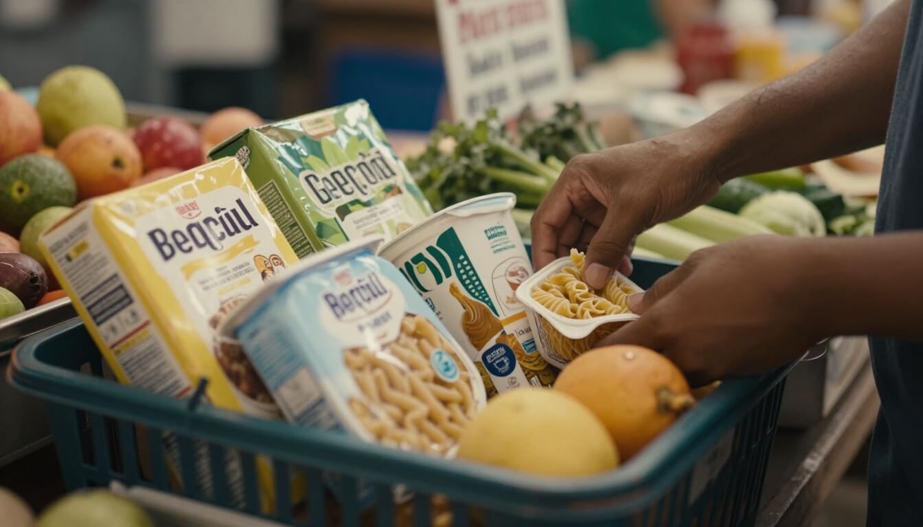 panier de courses avec aliments courants au marché local à Tahiti