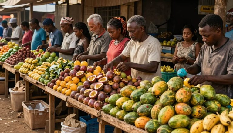 marché local à Antananarivo avec fruits tropicaux colorés