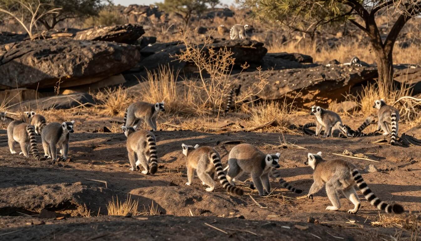 groupe de lémuriens maki sur terrain rocheux au parc Isalo