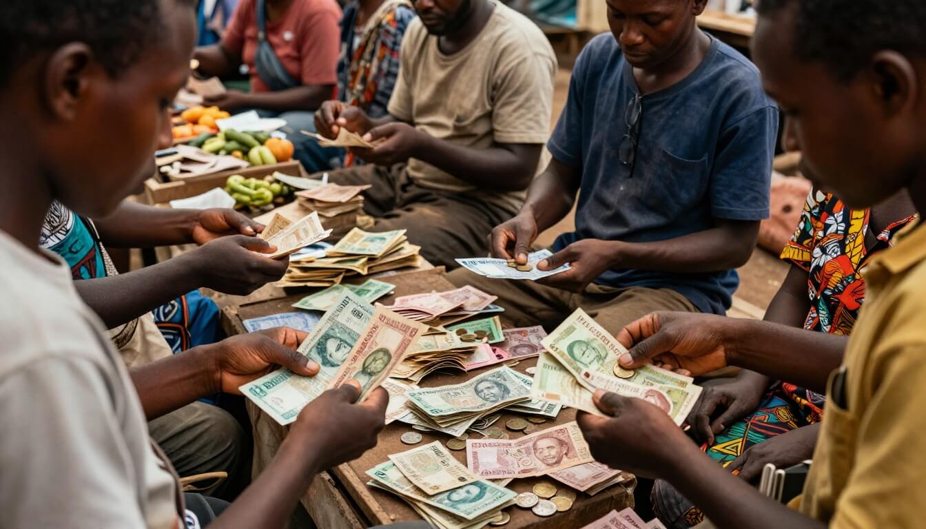 Échange de billets d'ariary sur un marché traditionnel malgache