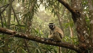 indri lemur assis sur une branche dans une forêt malgache