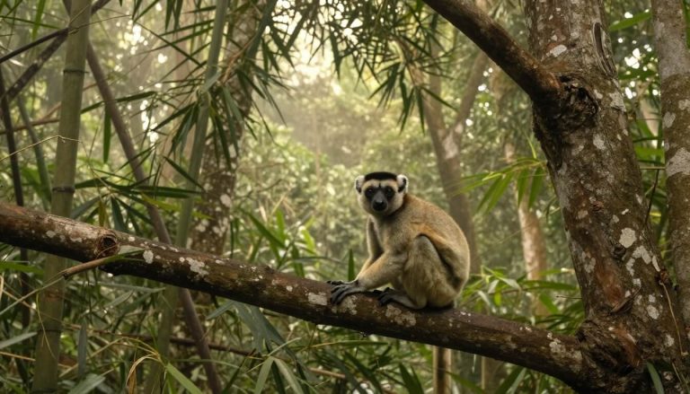 indri lemur assis sur une branche dans une forêt malgache