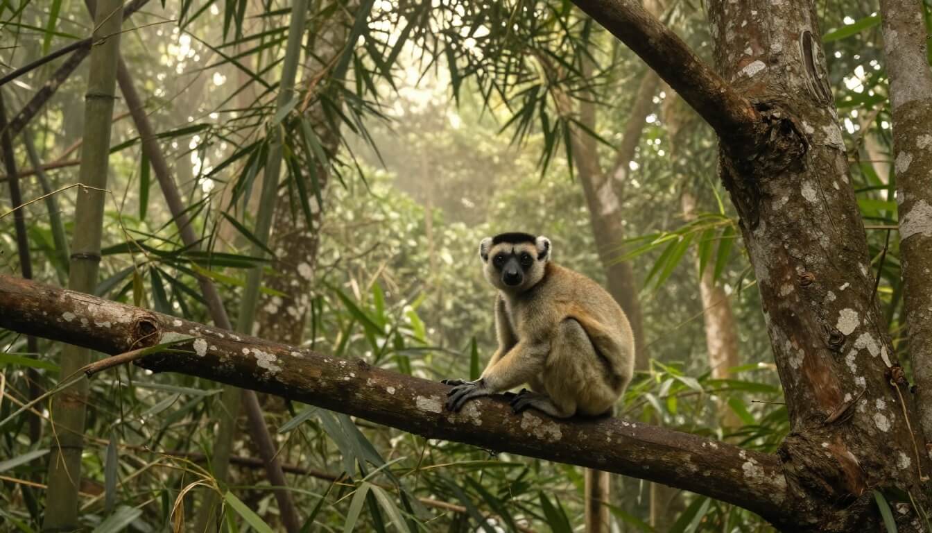 indri lemur assis sur une branche dans une forêt malgache