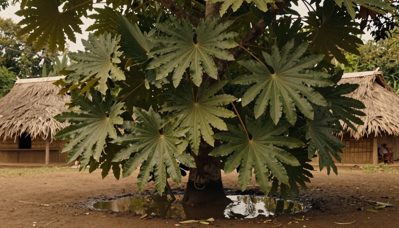 ravenala avec feuilles en éventail dans un village malgache
