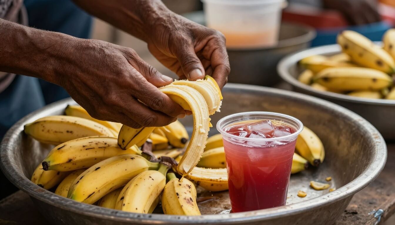 vendeur malgache préparant mofo akondro et jus corossol