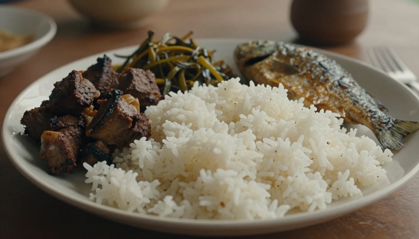 assiette malgache avec riz blanc et plats d'accompagnement variés