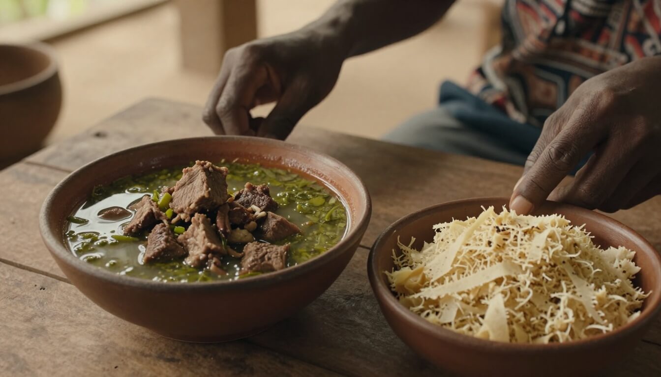 plats malgaches romazava et ravitoto servis sur table rustique