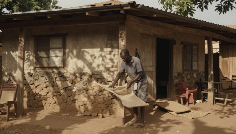 travailleur malgache préparant un lit dans un quartier simple d'Antananarivo