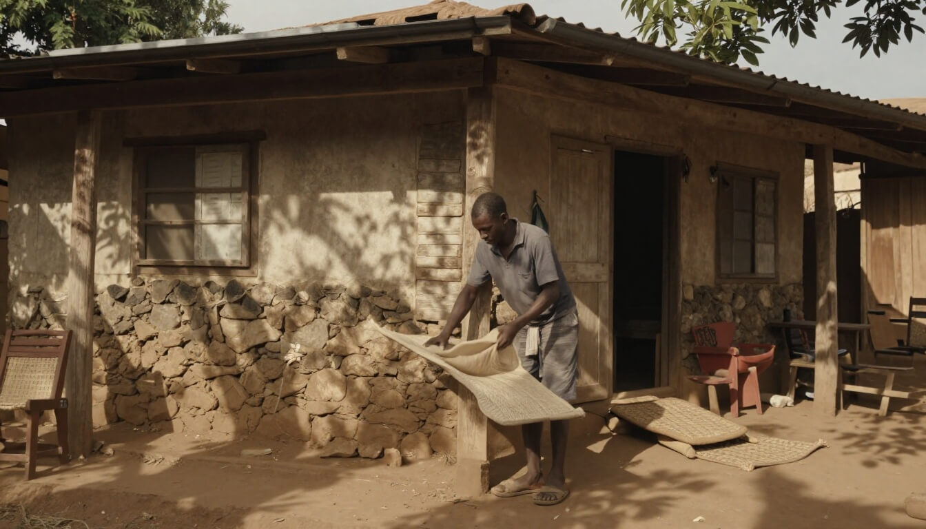 travailleur malgache préparant un lit dans un quartier simple d'Antananarivo