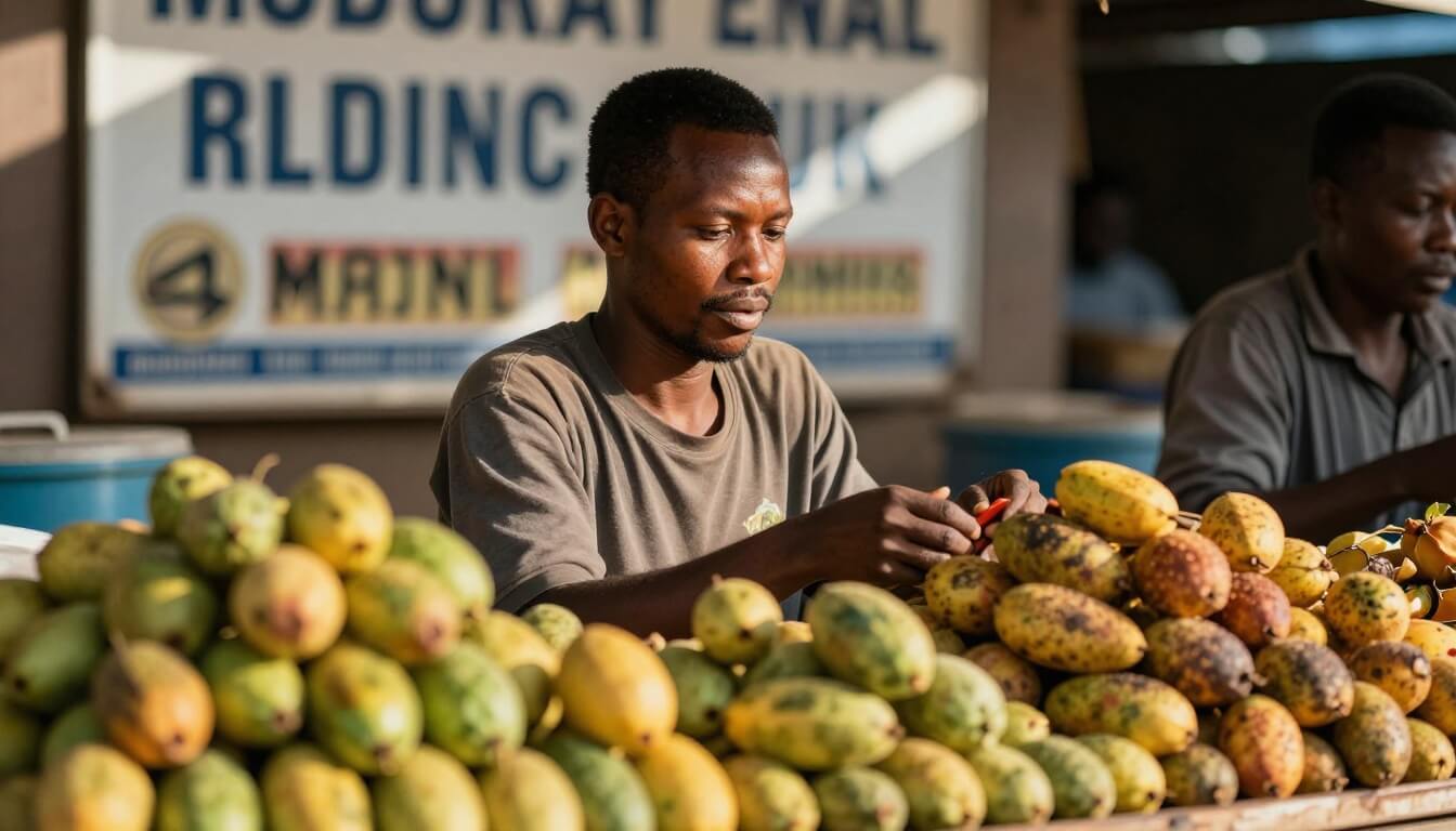 vendeuse malgache au marché informel sous une lumière naturelle chaude
