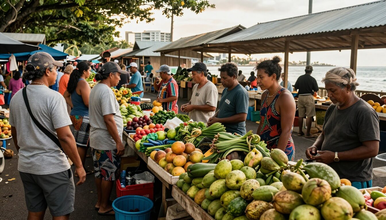 marché local à Papeete avec expatriés et habitants en interaction