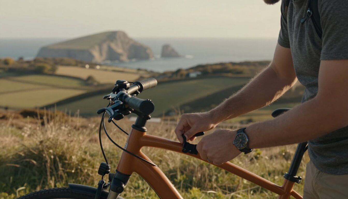 voyageur préparant vélo électrique sur chemin côtier à Belle-Île