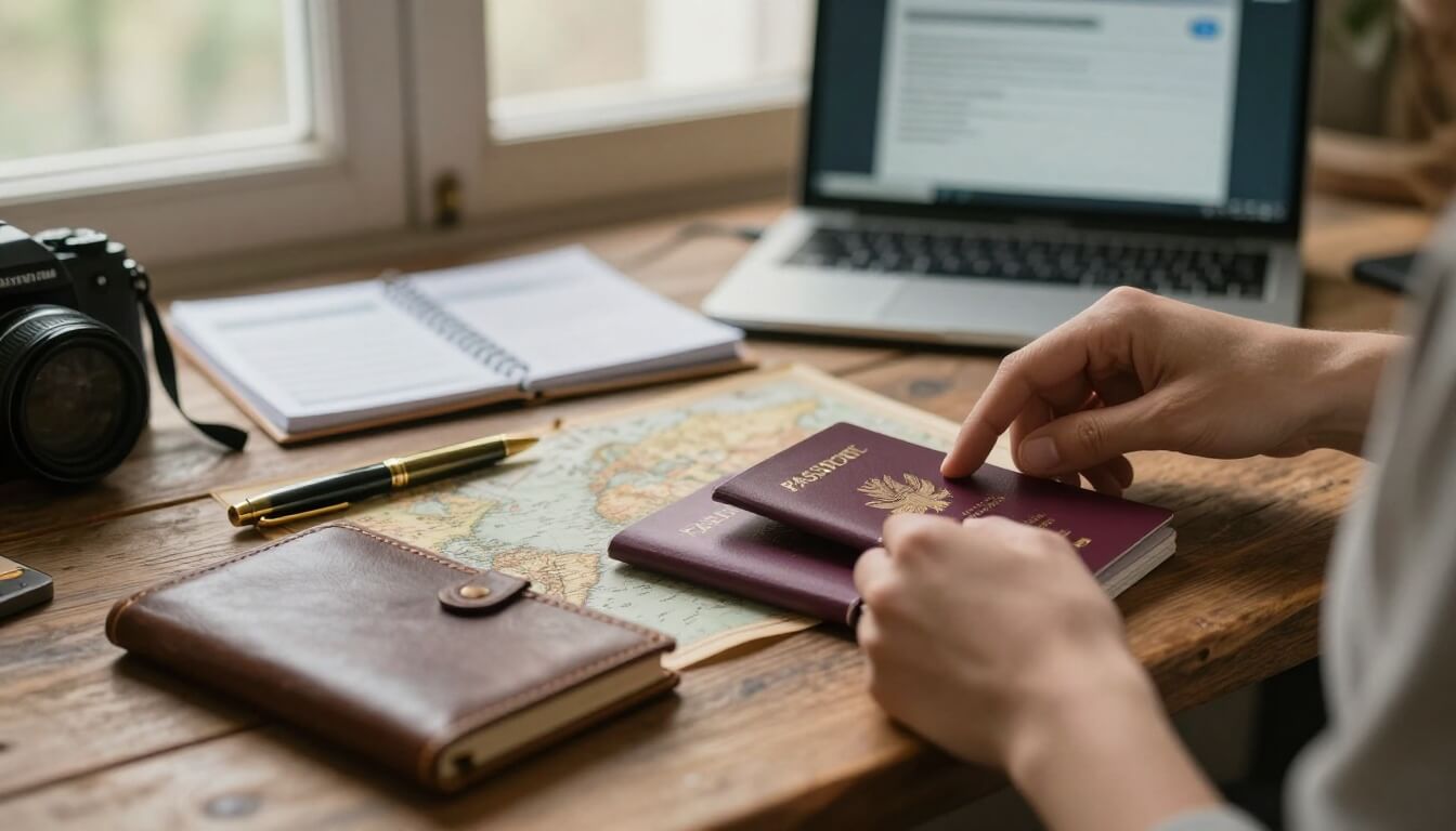 voyageur préparant passeport et ETA à la lumière naturelle