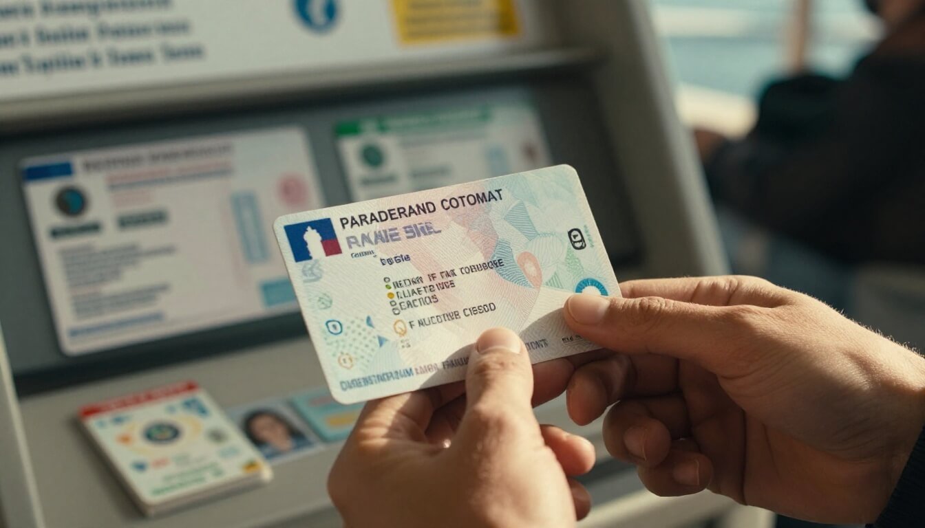 voyageur tenant une carte d'identité française près d'un guichet de ferry
