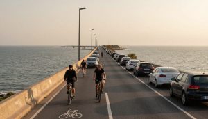 pont de l'île de Ré avec voitures et cyclistes au lever du jour