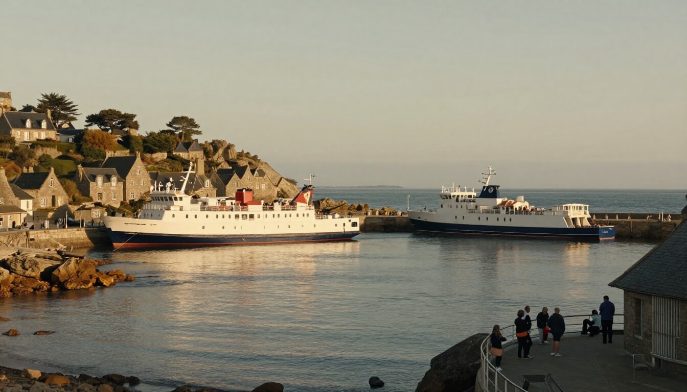 ferry et vedette rapide côte à côte dans un port breton
