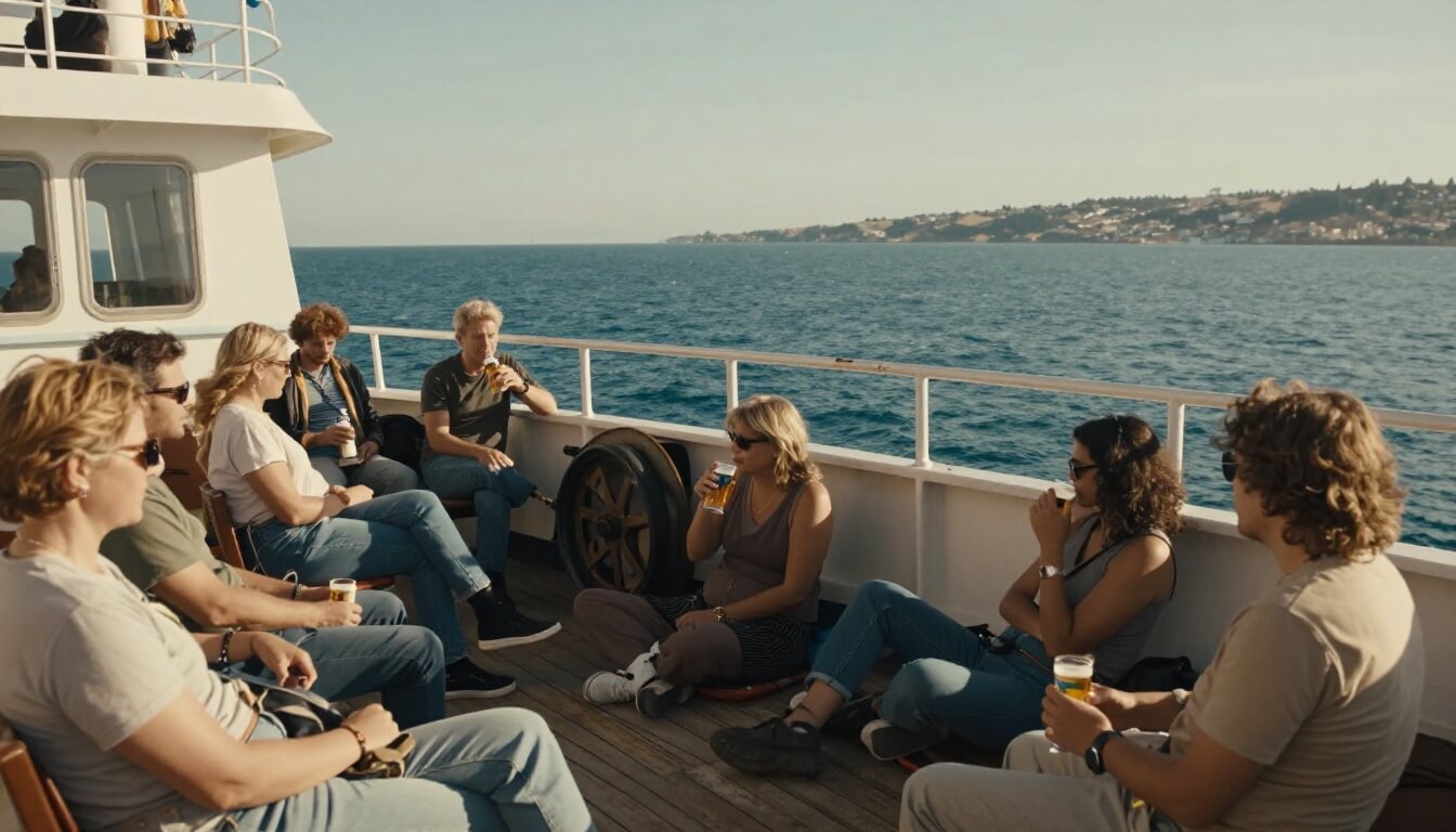 passagers sur le pont d'un ferry entre France et Jersey au soleil